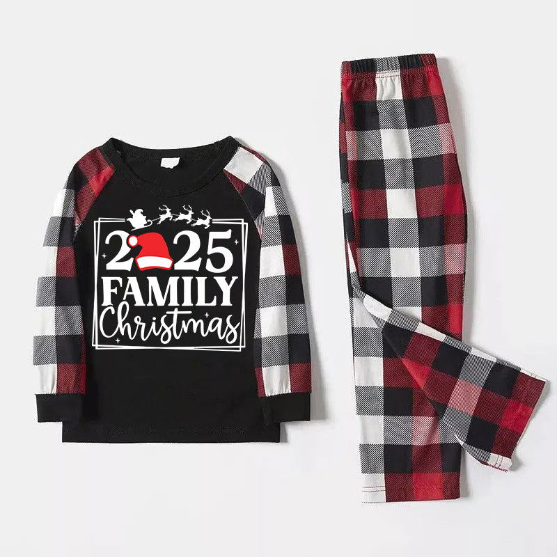 "2025 FAMILY CHRISTMAS " Text And Santa Hat Printed Pattern- Black Top with Red&Black&White Plaid Sleeves - Family Matching Pajamas
