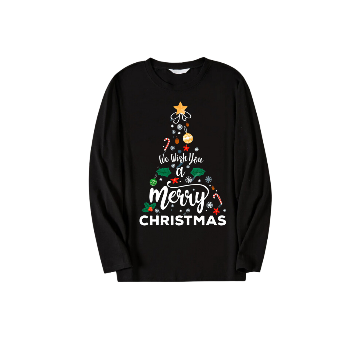 'We wish you a merry CHRISTMAS'And Christmas Tree Pattern Black Long Sleeve Top