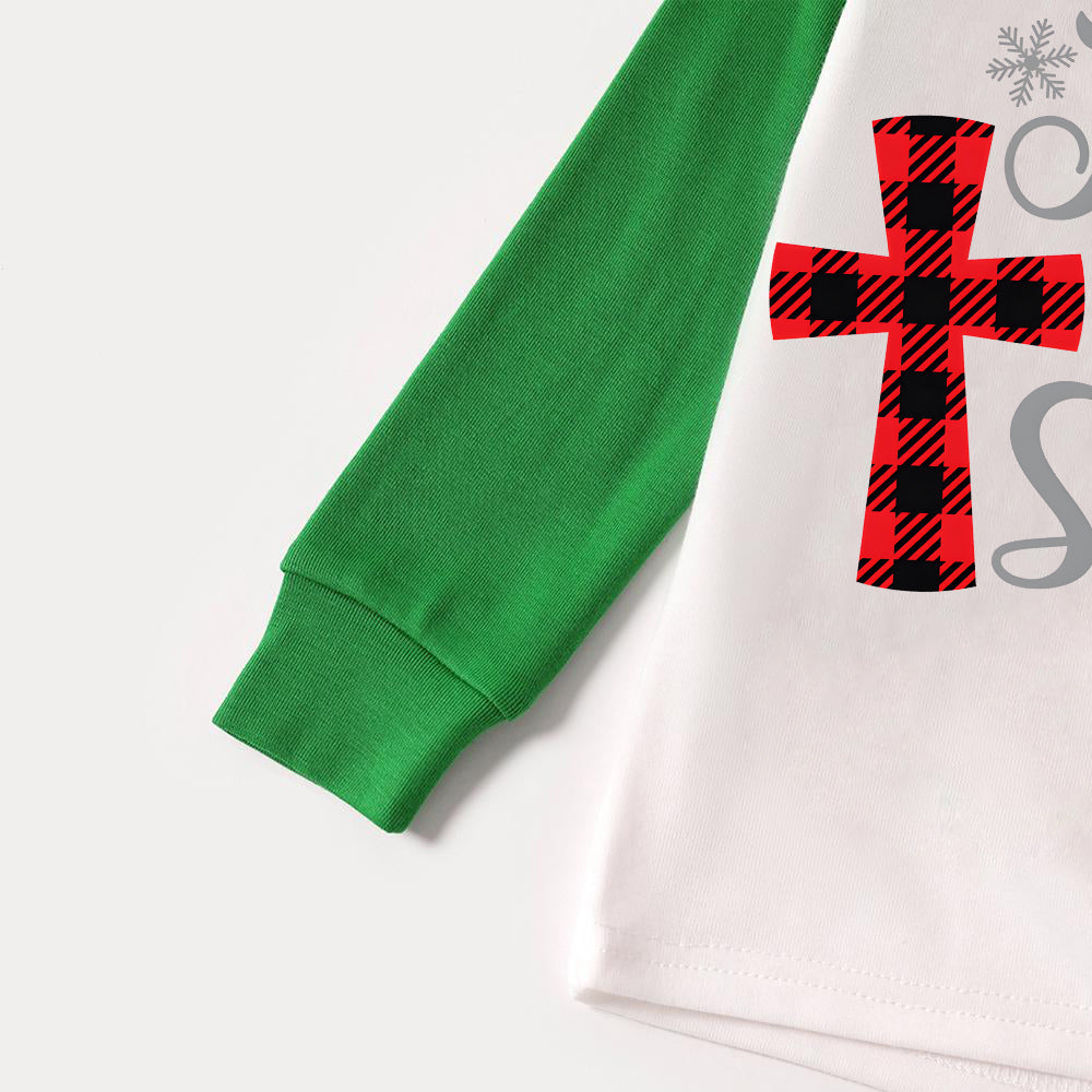 Jesus Cross Christmas Snowflake Patterned and 'Jesus Is The Reason For The Season' Letter Print Casual Long Sleeve Sweatshirts Green Contrast Tops and Black and Gren Plaid Pants Family Matching Raglan Long-sleeve Pajamas Sets