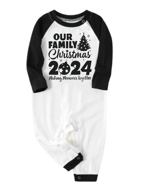Christmas Tree & "2024 Making Memories Together" Patterned Black Sleeve Contrast Tops and and Black and Green Plaid Pants Family Matching Pajamas Sets With Dog Bandana