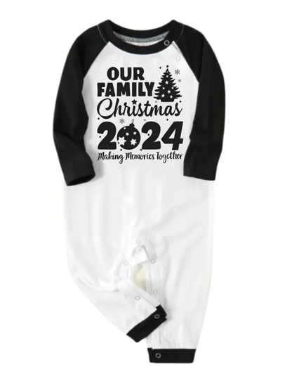 Christmas Tree & "2024 Making Memories Together" Patterned Black Sleeve Contrast Tops and and Black and Green Plaid Pants Family Matching Pajamas Sets With Dog Bandana