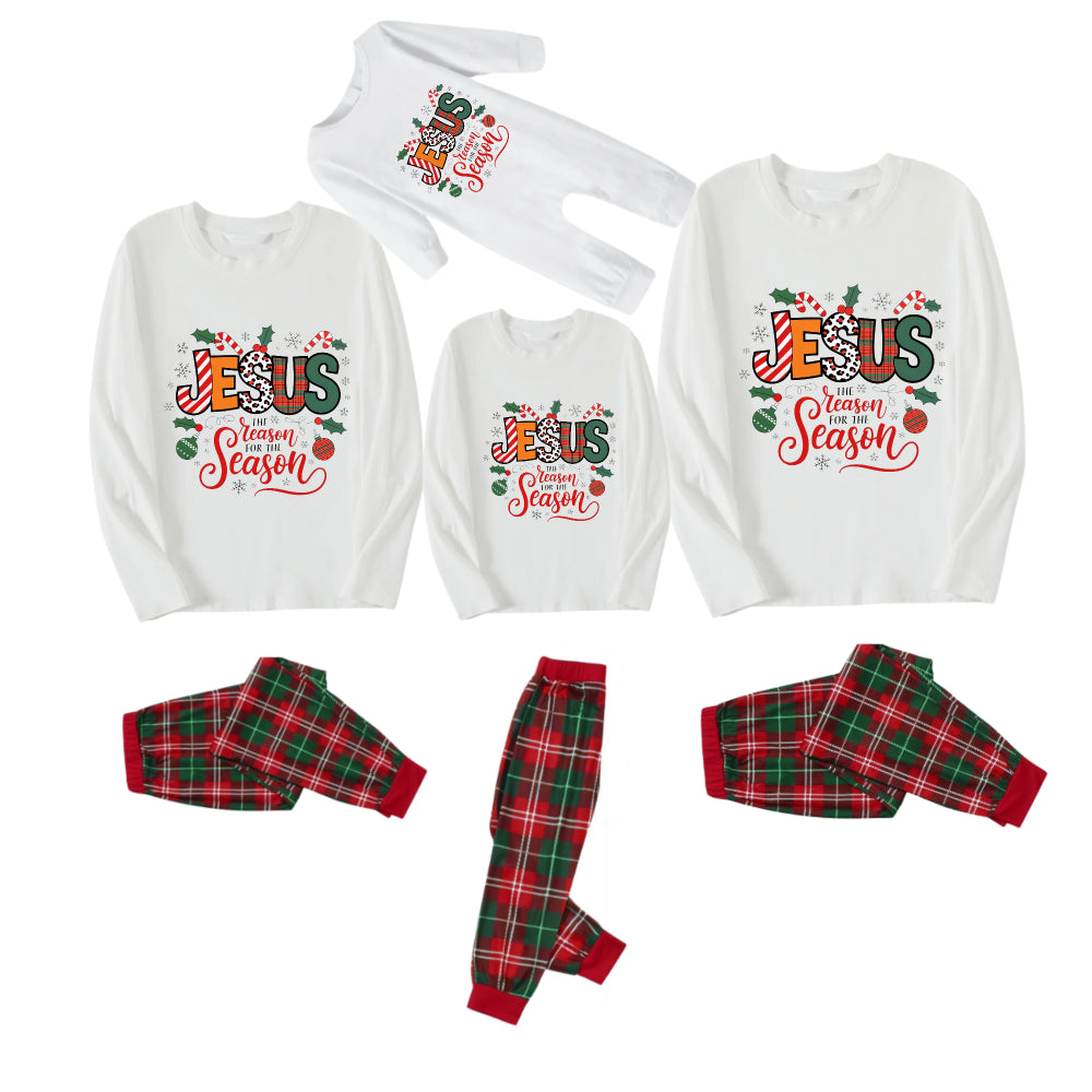 Christmas Pattern and “Jesus” Colorful Text Printed Red and Green Plaid Christmas Pajama Set
