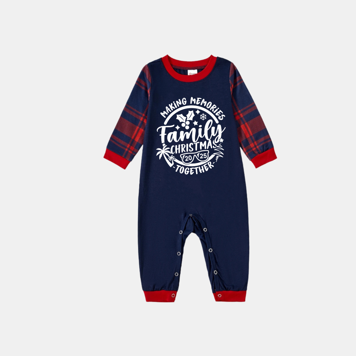 Christmas Make Memories Together 2025 Print Blue Long Sleeve Top with Red & Blue Plaid Family Matching Pajamas