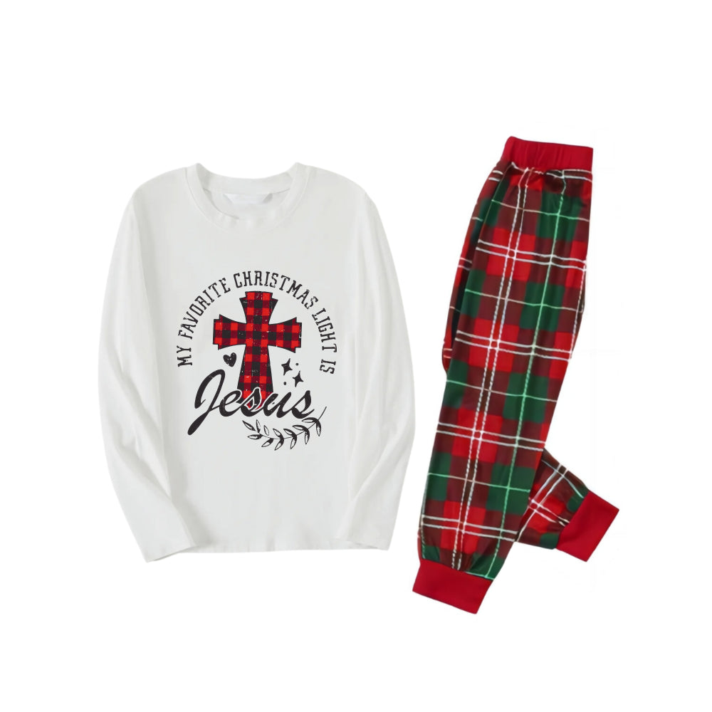 My Favorite Christmas Light Is Jesus Slogan Printed Red and Green Plaid Christmas Pajama Set