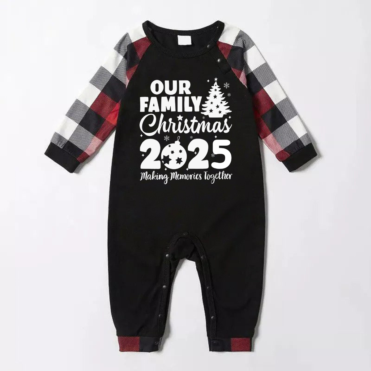 Christmas Tree & "2025 Making Memories Together" Patterned Plaid Sleeve Contrast Tops and Red & Black & White Plaid Pants Family Matching Pajamas Set With Dog Bandana