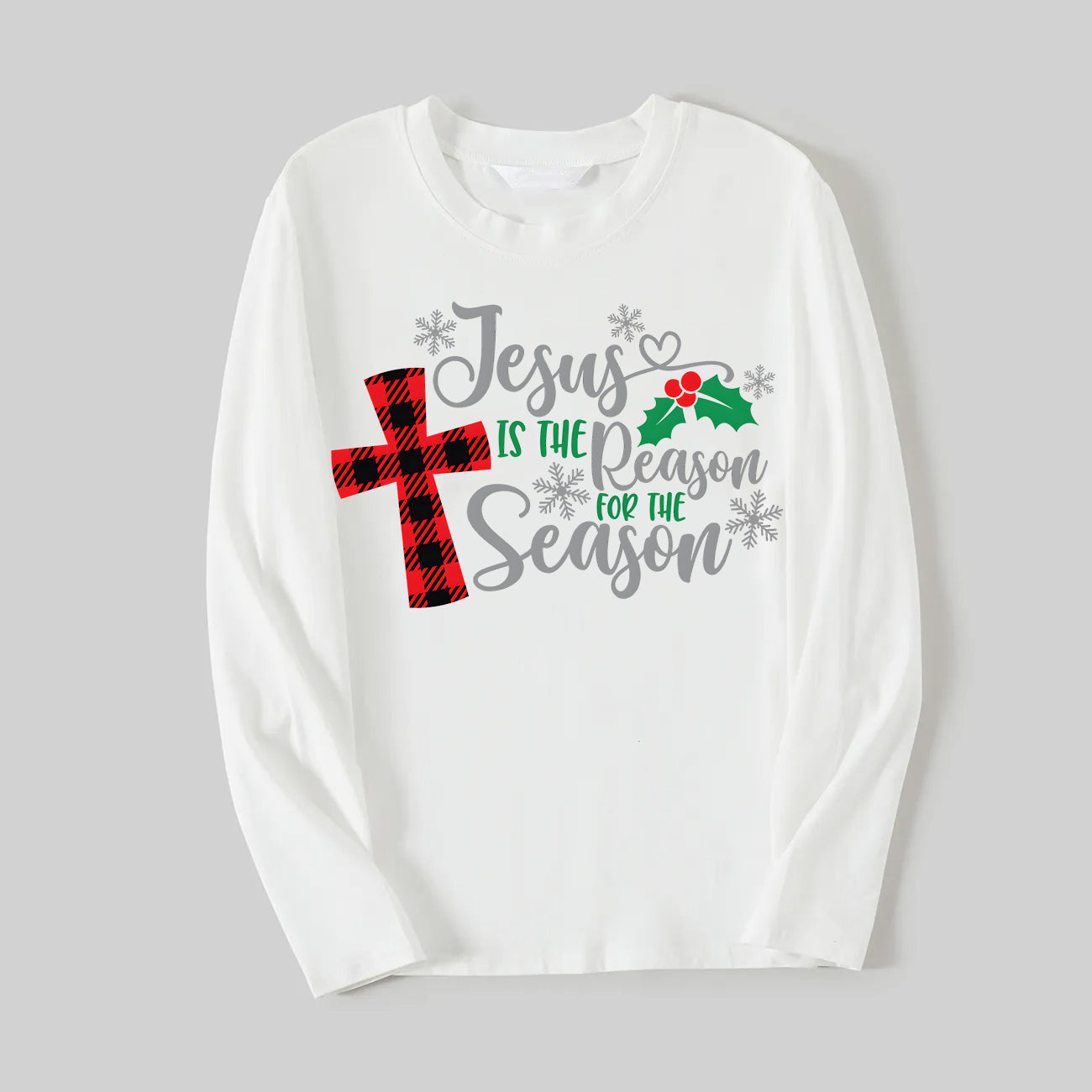 Christmas "Jesus is the Reason of the Season" Letter Print Patterned White Long Sleeve with White&Red&Green Plaid Pants Family Matching Pajamas