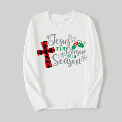 Christmas "Jesus is the Reason of the Season" Letter Print Patterned White Long Sleeve with White&Red&Green Plaid Pants Family Matching Pajamas