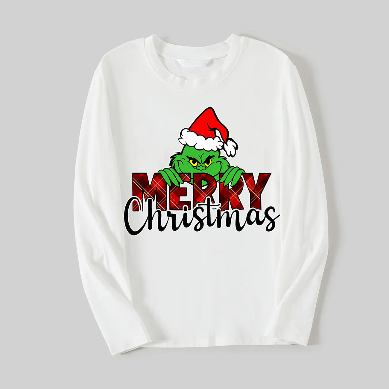 "Merry Christmas" Letter Print 2025 Green Elf Cartoon Pattern Contrast White Long Sleeve with Classic Red and Green Plaid Pants Family Matching Pajamas