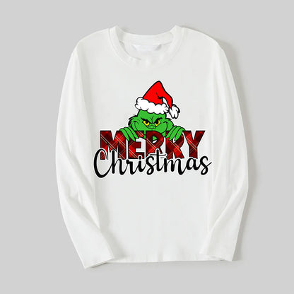 "Merry Christmas" Letter Print 2025 Green Elf Cartoon Pattern Contrast White Long Sleeve with Classic Red and Green Plaid Pants Family Matching Pajamas