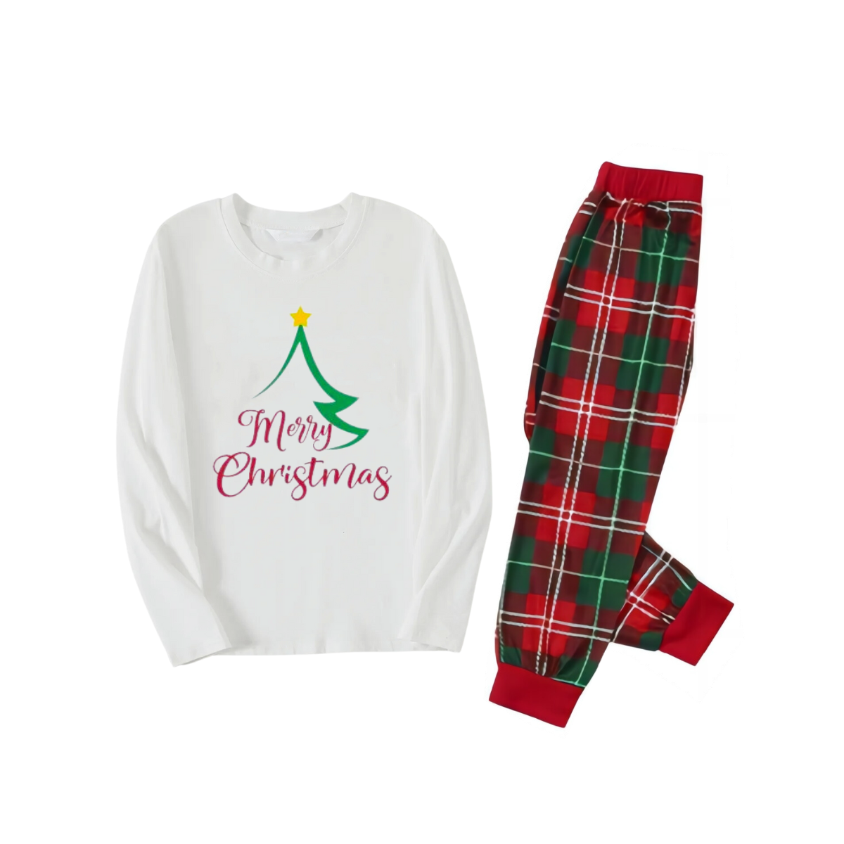 Christmas Tree of Shape with Stars and "Merry Christmas" Artistic Font White Long Sleeve Top with Red & Green Plaid Pants Family Matching Pajamas