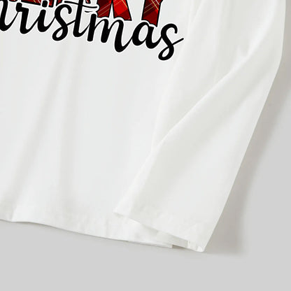 "Merry Christmas" Letter Print 2025 Green Elf Cartoon Pattern Contrast White Long Sleeve with Classic Red and Green Plaid Pants Family Matching Pajamas