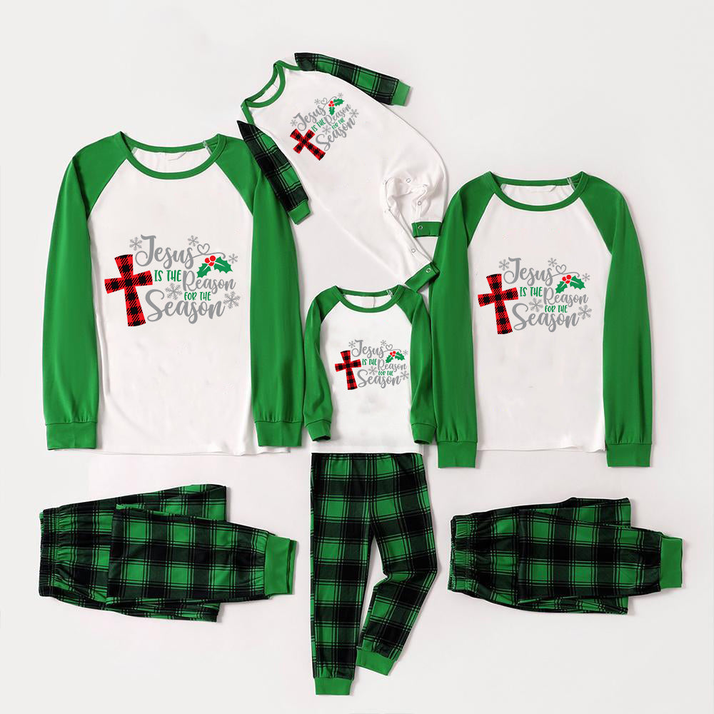 Jesus Cross Christmas Snowflake Patterned and 'Jesus Is The Reason For The Season' Letter Print Casual Long Sleeve Sweatshirts Green Contrast Tops and Black and Gren Plaid Pants Family Matching Raglan Long-sleeve Pajamas Sets