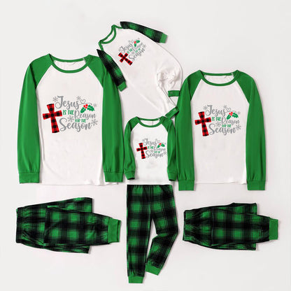 Jesus Cross Christmas Snowflake Patterned and 'Jesus Is The Reason For The Season' Letter Print Casual Long Sleeve Sweatshirts Green Contrast Tops and Black and Gren Plaid Pants Family Matching Raglan Long-sleeve Pajamas Sets