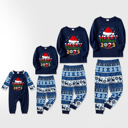 Joyful Blue Christmas Pajamas Set With Santa Hat and "Merry Christmas 2025" Text Print