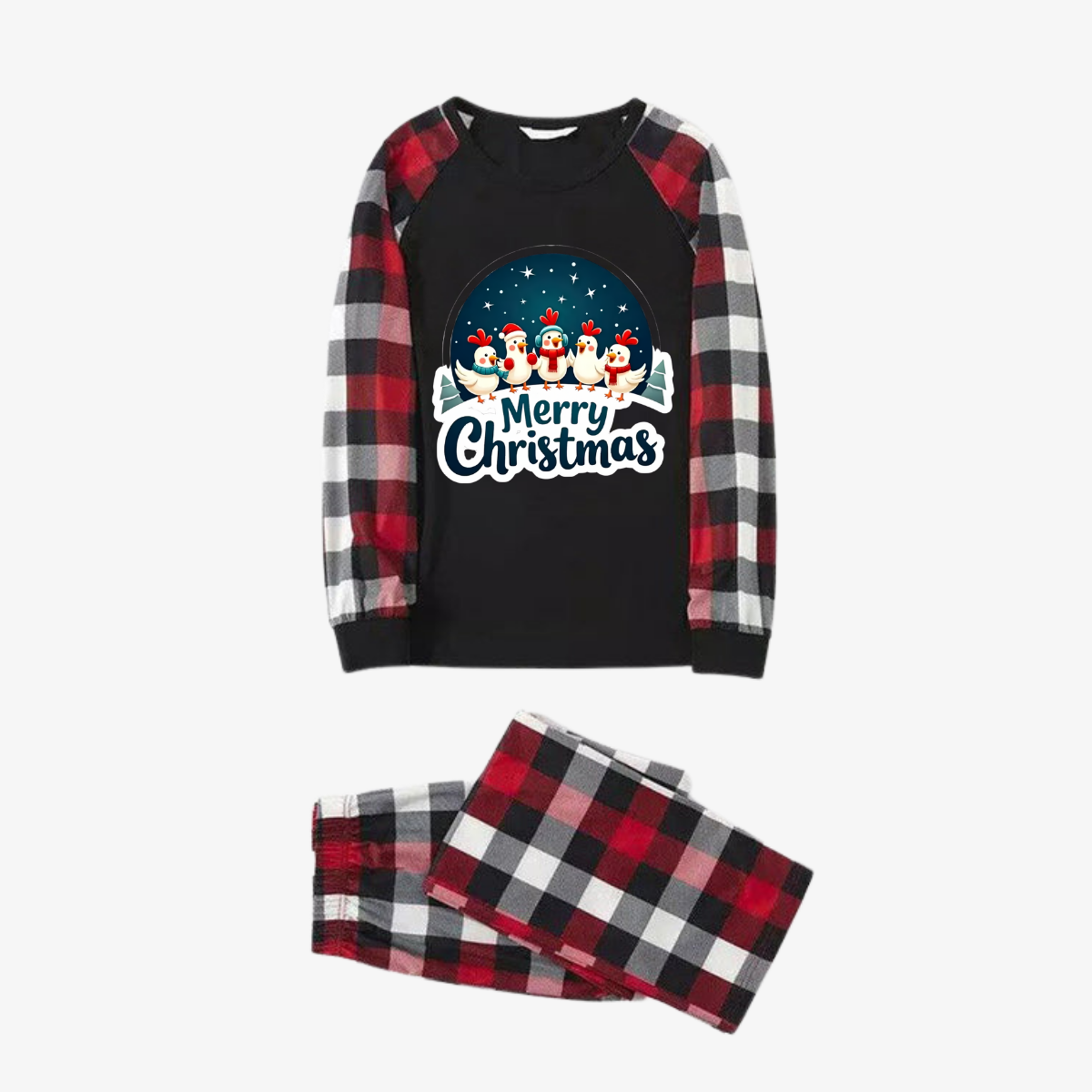 Red and Gray Plaid Christmas Pajamas Set With Happy Chickens and "Merry Christmas" Text Print
