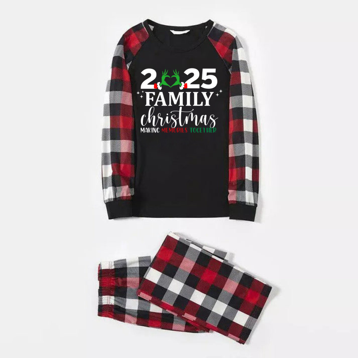 "2025 Family Christmas" Quirky Heart Letter Print Red & Black & Grey & White Plaid Family Matching Pajamas