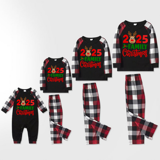 "2025 Family Christmas" Moose Letter Prints Red & Black & Grey & White Plaid Family Matching Pajamas