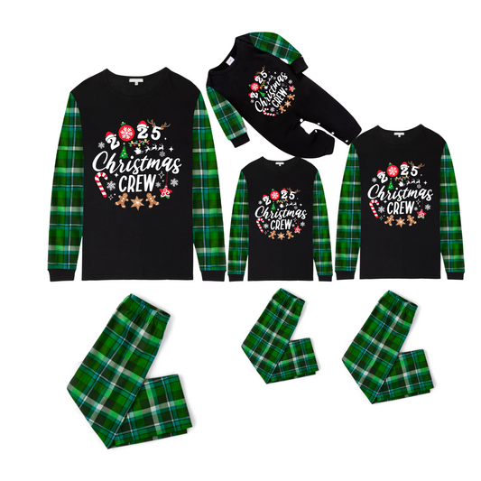 Christmas Crew 2025 Family Pajamas Set - Black Top, Green Pants, Blue-Green Plaid Sleeves, Gingerbread Candy Print