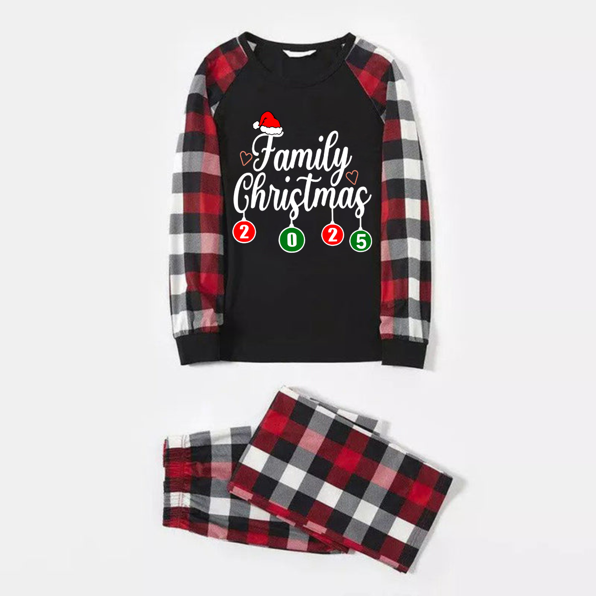 "Family Christmas" 2025 Letter Print Red & Black & Grey & White Plaid Family Matching Pajamas