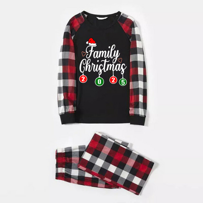 "Family Christmas" 2025 Letter Print Red & Black & Grey & White Plaid Family Matching Pajamas