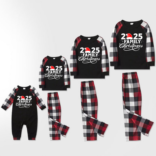 "2025 Family Christmas" Letter Print Red & Black & Grey & White Plaid Family Matching Pajamas