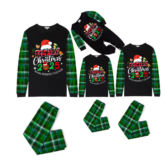 Merry Christmas 2025 Making Memories Family Pajamas Set - Black Top, Blue-Green Pants, Blue-Green Plaid Sleeves, Santa & Gingerbread Print