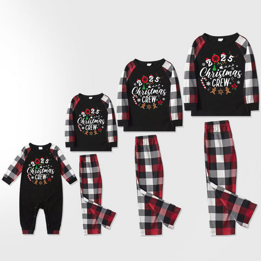 "2025 Christmas CREW " Text Printed Pattern - Black Top with Red&Black&White Plaid Sleeves - Family Matching Pajamas
