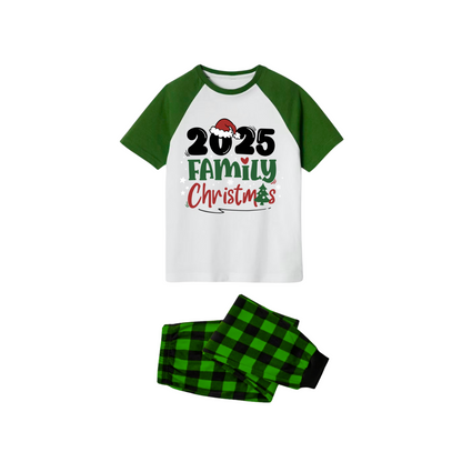 2025 Family Christmas Pajamas Set - White Top Green Sleeves Green Plaid Pants Green and Red Text Graphic