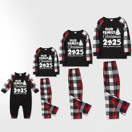 Christmas Cute Cartoon Santa Hat Patterned and '2025 FAMILY Christmas ' Letter Print Contrast Tops and Red & Black & White Plaid Pants Family Matching Pajamas Set With Dog Bandana