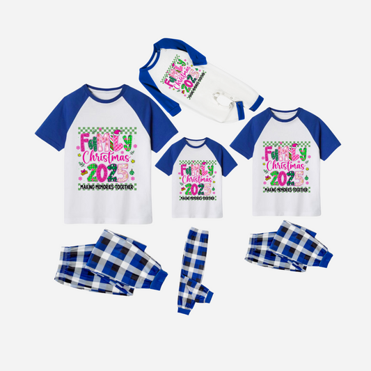 "Family Christmas 2025" Faux Glitter Blue and White Short Raglan Sleeves Christmas Pajamas Set