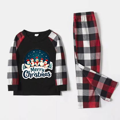 Red and Gray Plaid Christmas Pajamas Set With Happy Chickens and "Merry Christmas" Text Print