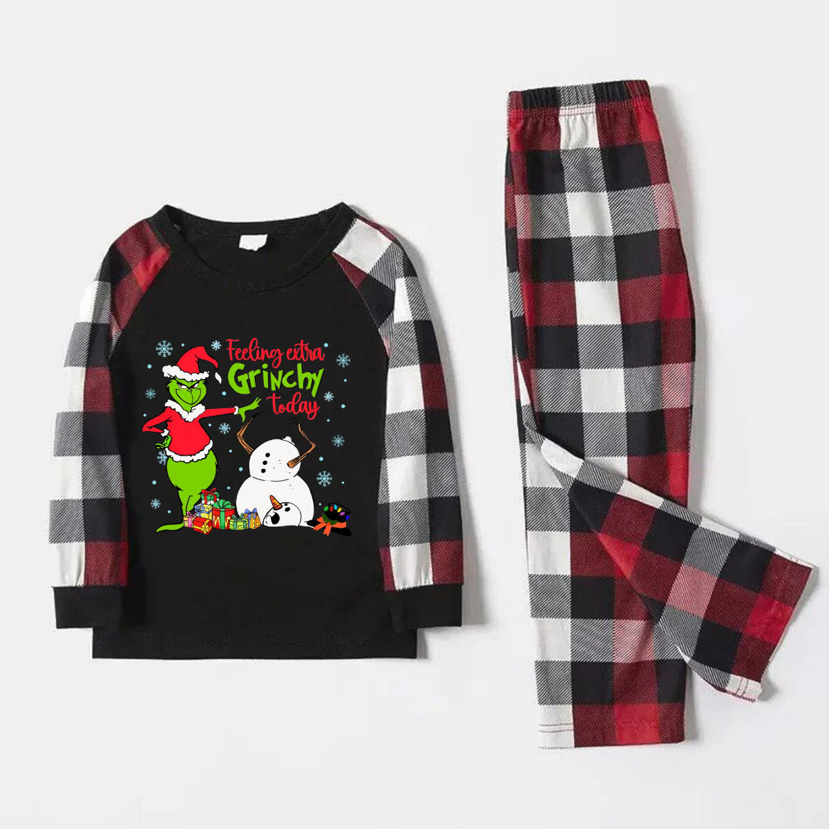 Red and Gray Plaid Christmas Pajamas Set With Grinch and Snowman Print