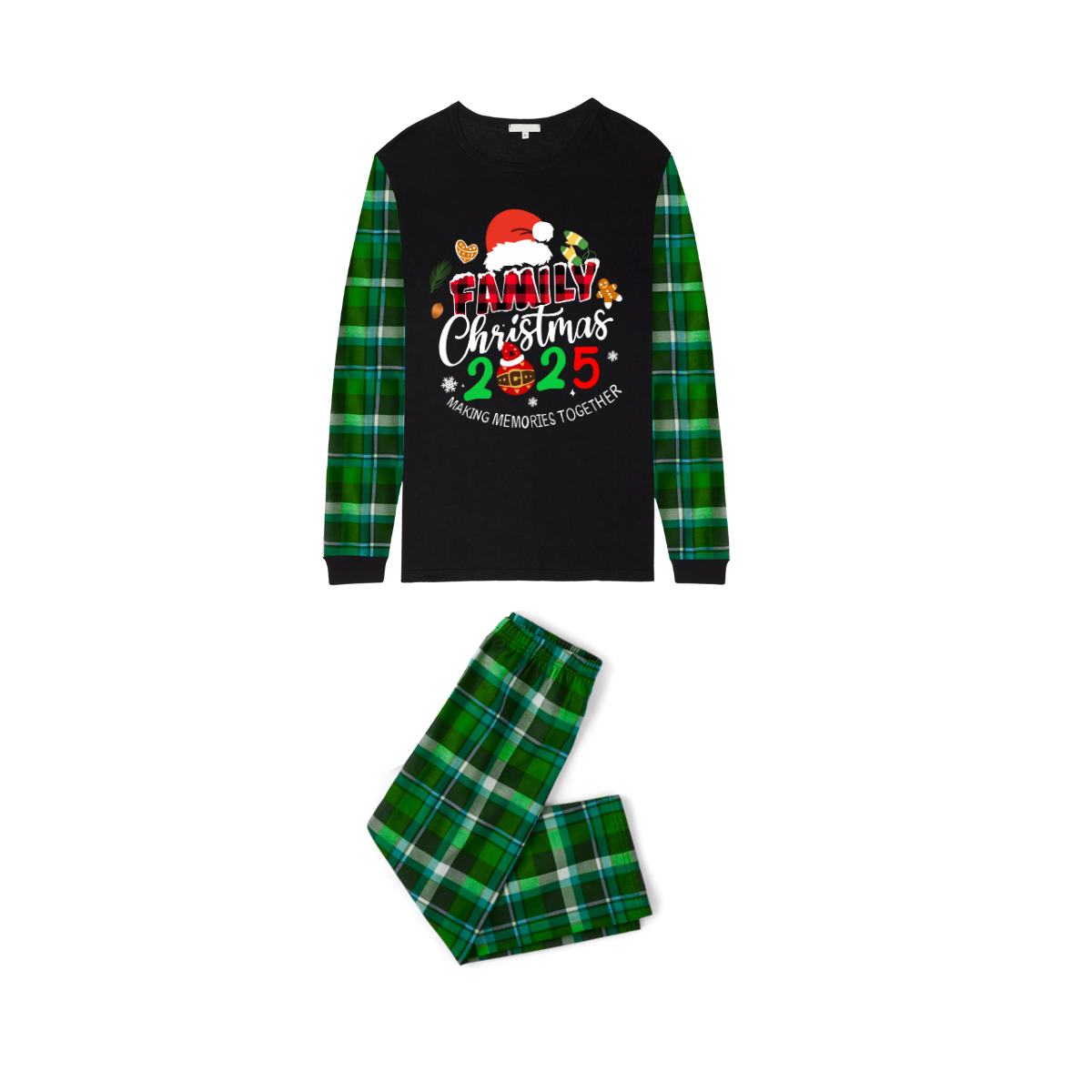 Merry Christmas 2025 Making Memories Family Pajamas Set - Black Top, Blue-Green Pants, Blue-Green Plaid Sleeves, Santa & Gingerbread Print