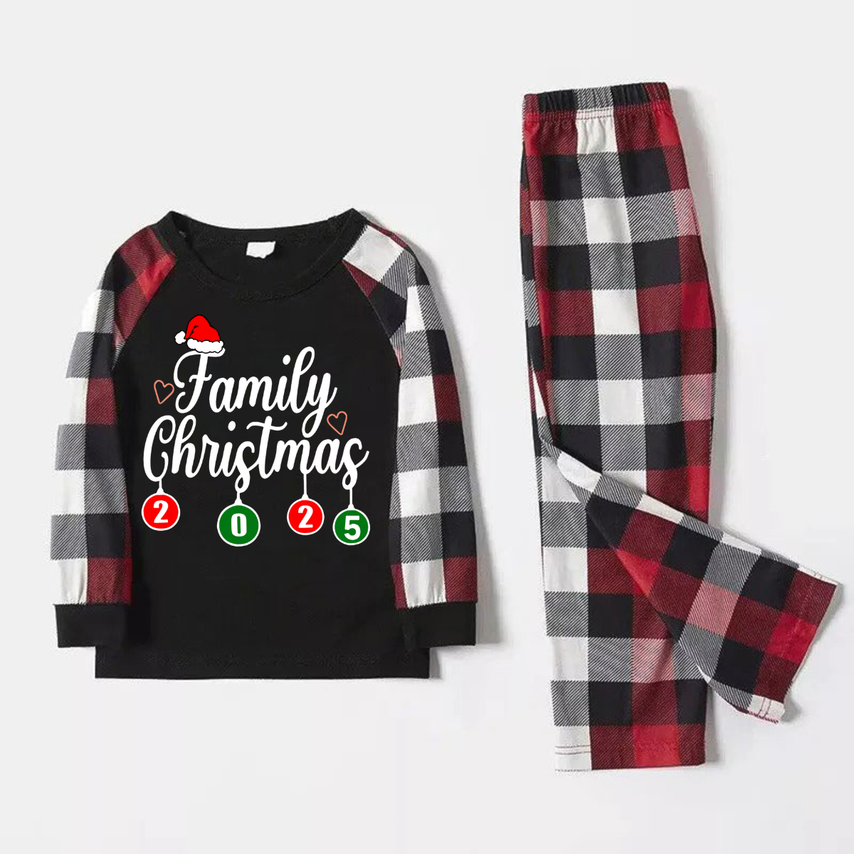 "Family Christmas" 2025 Letter Print Red & Black & Grey & White Plaid Family Matching Pajamas