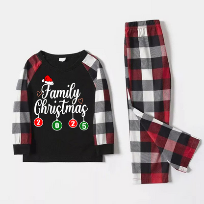 "Family Christmas" 2025 Letter Print Red & Black & Grey & White Plaid Family Matching Pajamas
