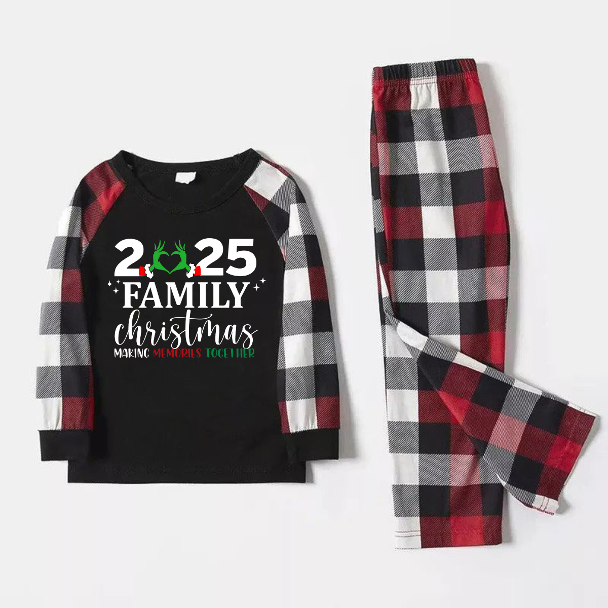 "2025 Family Christmas" Quirky Heart Letter Print Red & Black & Grey & White Plaid Family Matching Pajamas