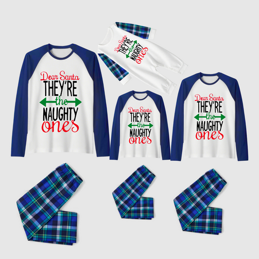 Dear Santa Naughty Ones Family Pajamas Set - White Top, Blue Plaid Pants, Plaid Sleeves