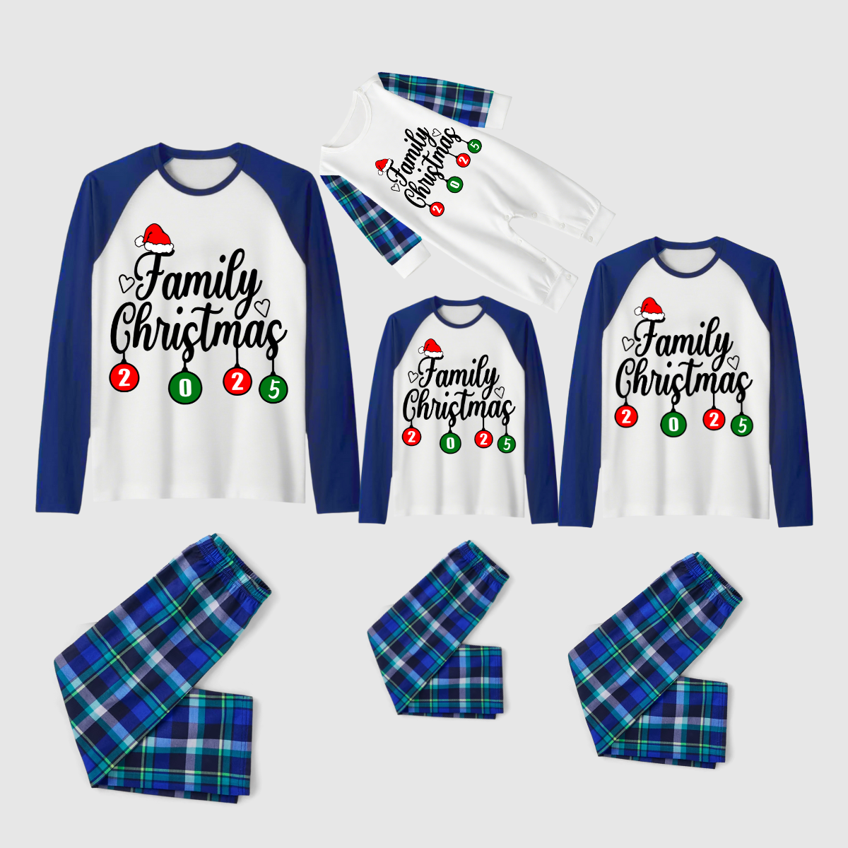Christmas Family Matching Family Pajamas Set - White Top, Blue Pants, Blue Plaid