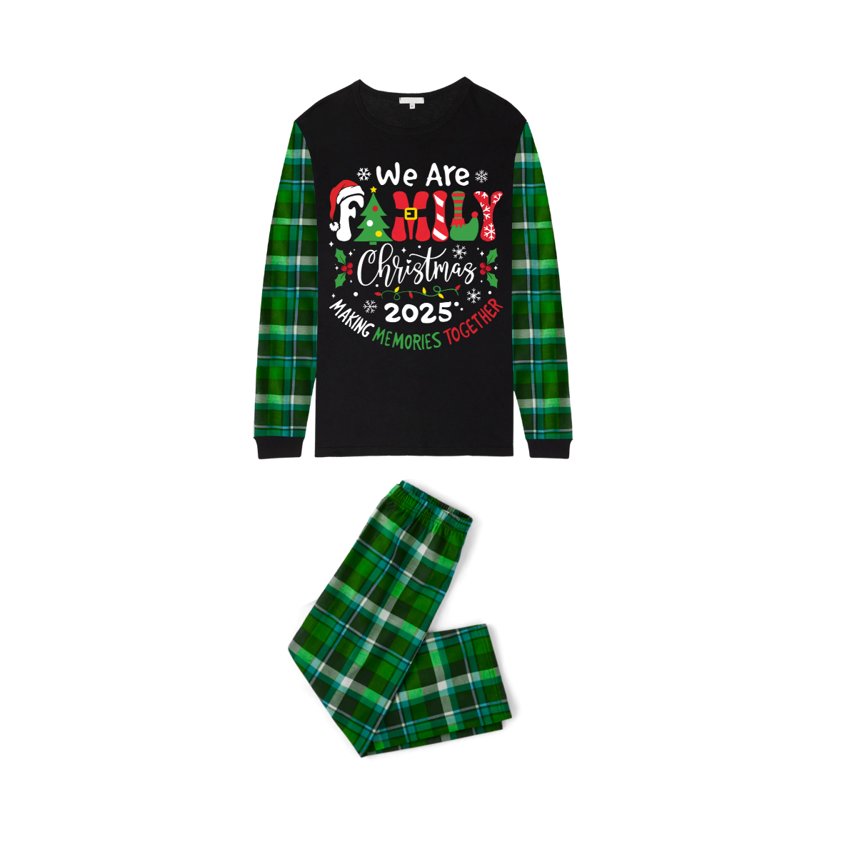 We Are Family Christmas 2025 Making Memories Family Pajamas Set - Black Top, Dark Green Pants, Dark Green Plaid Sleeves