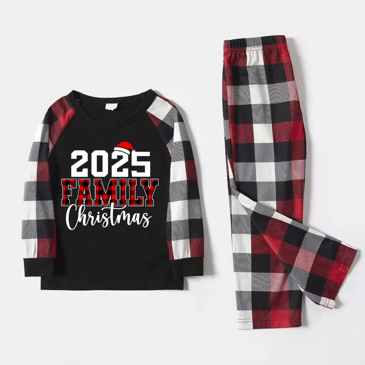 "2025 FNMILY Christmas " White and Red Text Printed Pattern - Black Top with Red&Black&White Plaid Sleeves - Family Matching Pajamas