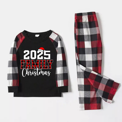 "2025 FNMILY Christmas " White and Red Text Printed Pattern - Black Top with Red&Black&White Plaid Sleeves - Family Matching Pajamas