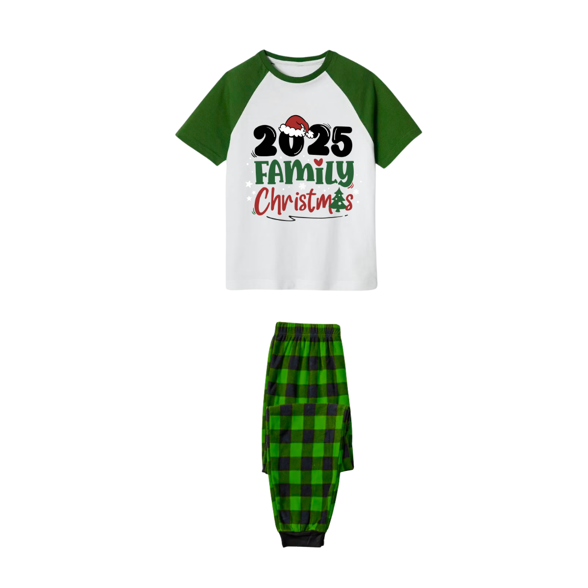 2025 Family Christmas Pajamas Set - White Top Green Sleeves Green Plaid Pants Green and Red Text Graphic