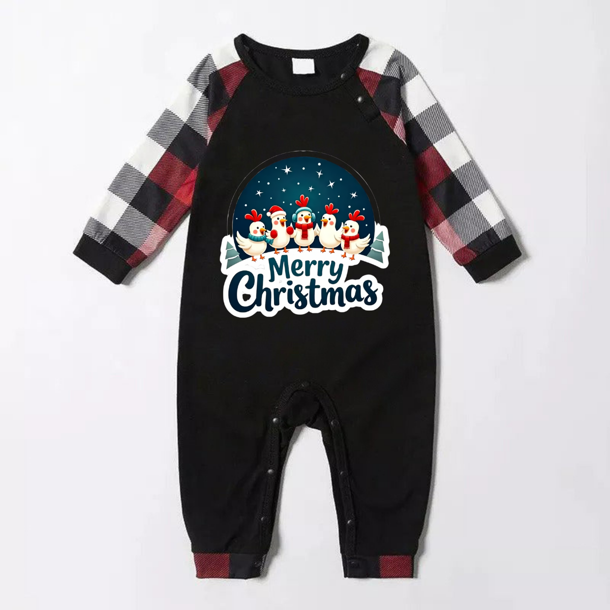 Red and Gray Plaid Christmas Pajamas Set With Happy Chickens and "Merry Christmas" Text Print