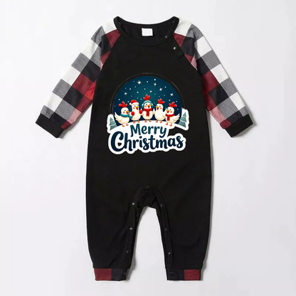 Red and Gray Plaid Christmas Pajamas Set With Happy Chickens and "Merry Christmas" Text Print