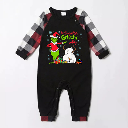 Red and Gray Plaid Christmas Pajamas Set With Grinch and Snowman Print