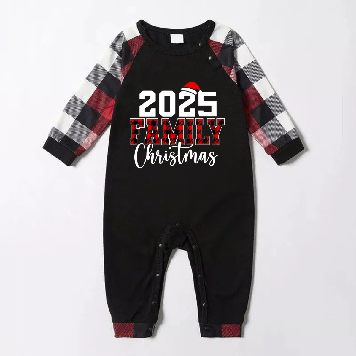 "2025 FNMILY Christmas " White and Red Text Printed Pattern - Black Top with Red&Black&White Plaid Sleeves - Family Matching Pajamas