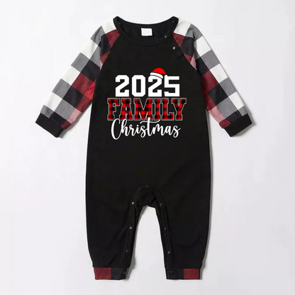 "2025 FNMILY Christmas " White and Red Text Printed Pattern - Black Top with Red&Black&White Plaid Sleeves - Family Matching Pajamas