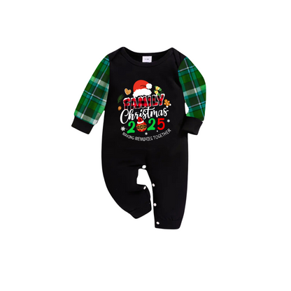 Merry Christmas 2025 Making Memories Family Pajamas Set - Black Top, Blue-Green Pants, Blue-Green Plaid Sleeves, Santa & Gingerbread Print
