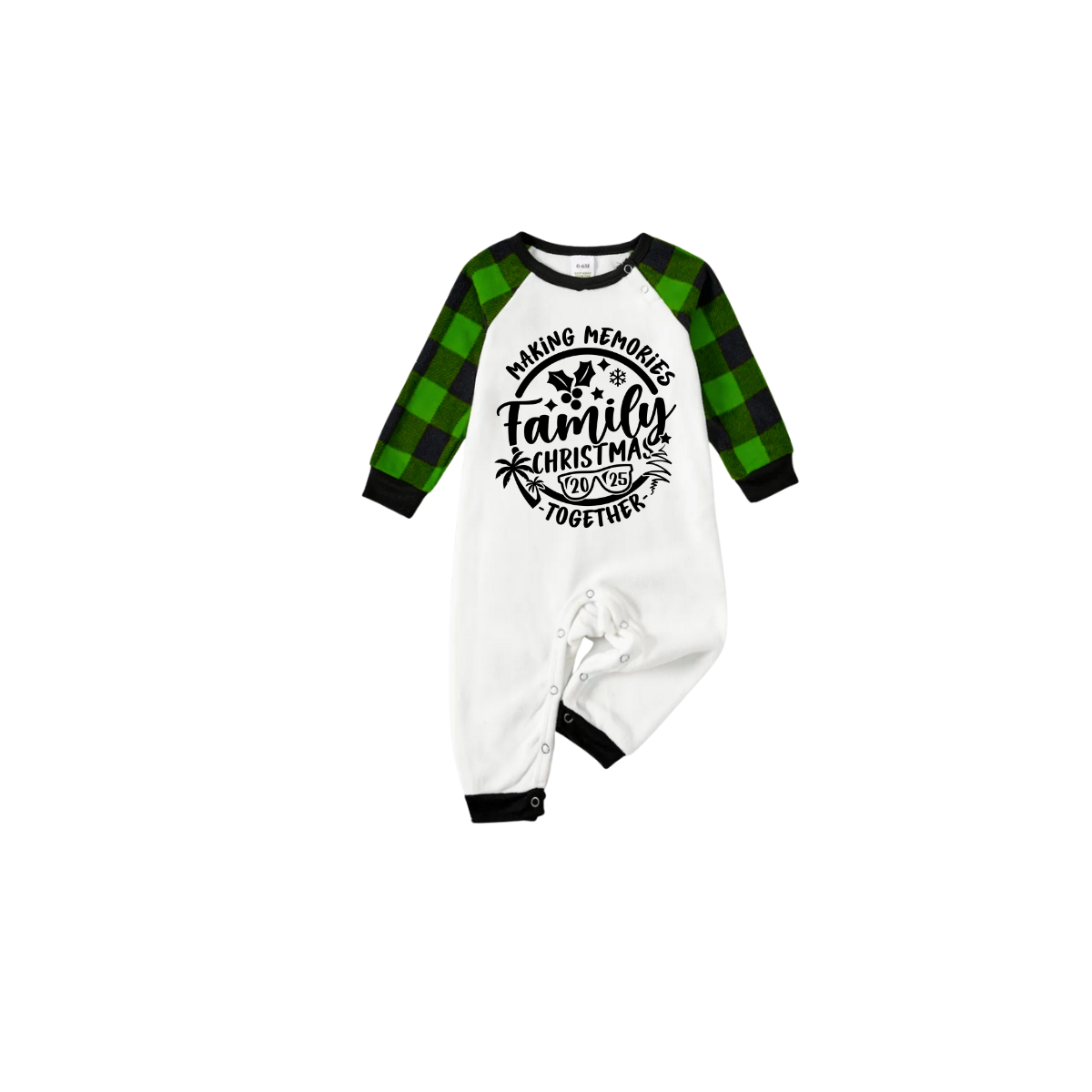 Making Memories Together Family Christmas 2025 Pajamas Set - White Top Green Sleeves Green Plaid Pants Black Text Graphic