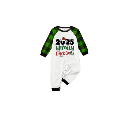2025 Family Christmas Pajamas Set - White Top Green Sleeves Green Plaid Pants Green and Red Text Graphic